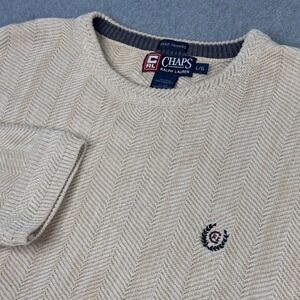 VTG‎ RL Chaps Crest Cable Knit Crew Neck Sweater Cream Fisherman Men's Large